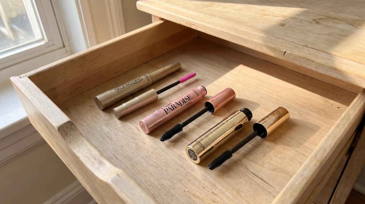 Telescopic, Lash Paradise and Panorama mascaras with their wands in a wooden vanity drawer