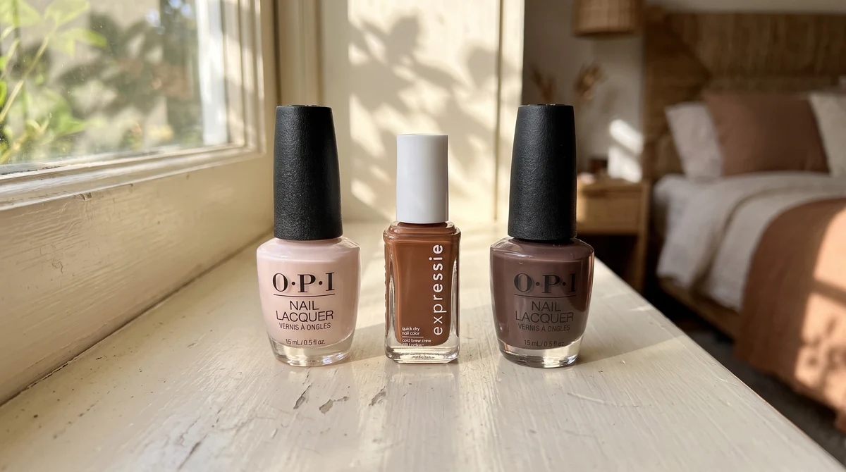 OPI Bubble Bath, expressie Cold Brew Crew and OPI Brown to Earth on a cream windowsill