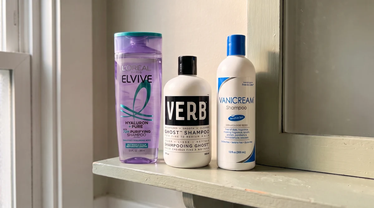 L’Oréal Elvive, Verb Ghost and Vanicream shampoos on a sage bathroom shelf