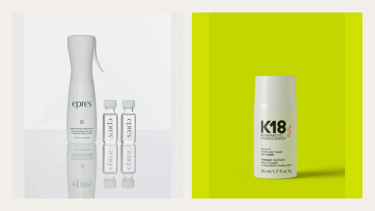 Official product photographs of epres Bond Repair Treatment and K18 50 mL hair mask side by side