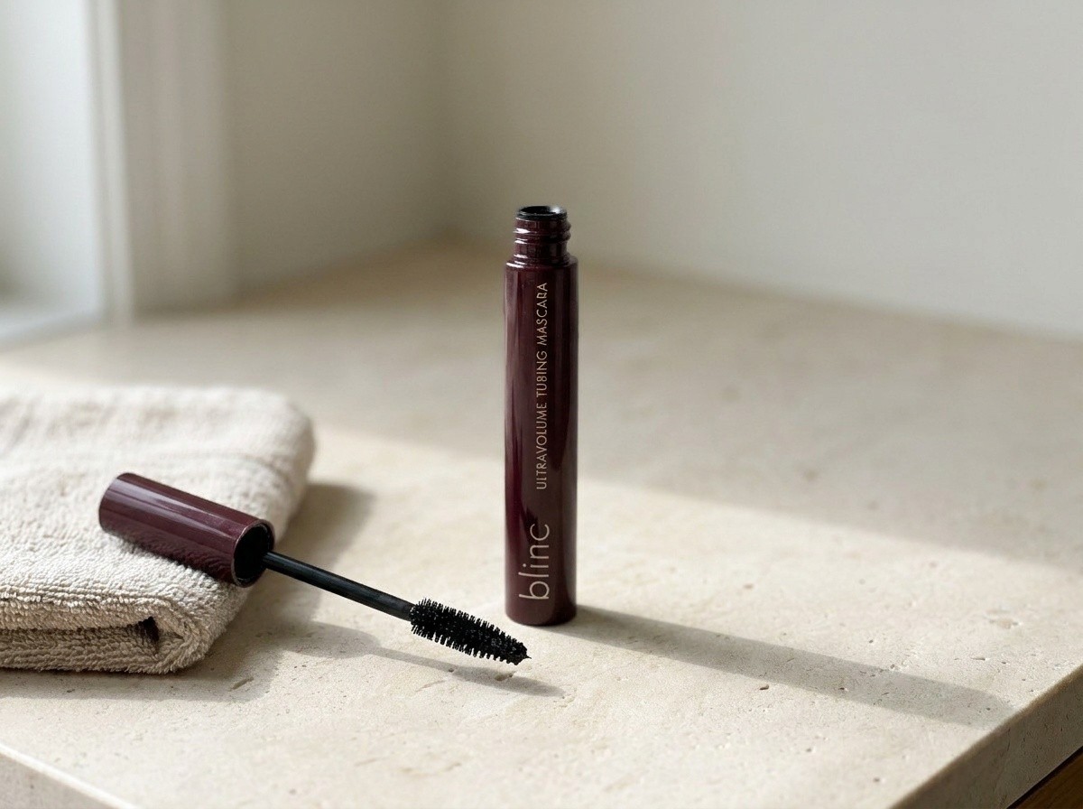 Blinc UltraVolume Tubing Mascara on a warm stone vanity