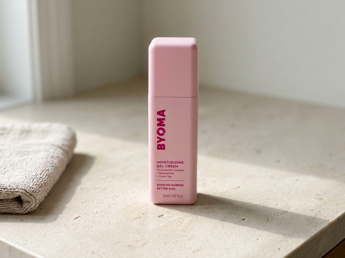BYOMA Moisturising Gel Cream on a warm stone vanity