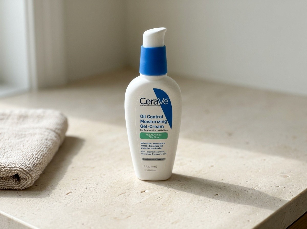 CeraVe Oil Control Moisturizing Gel-Cream on a warm stone vanity