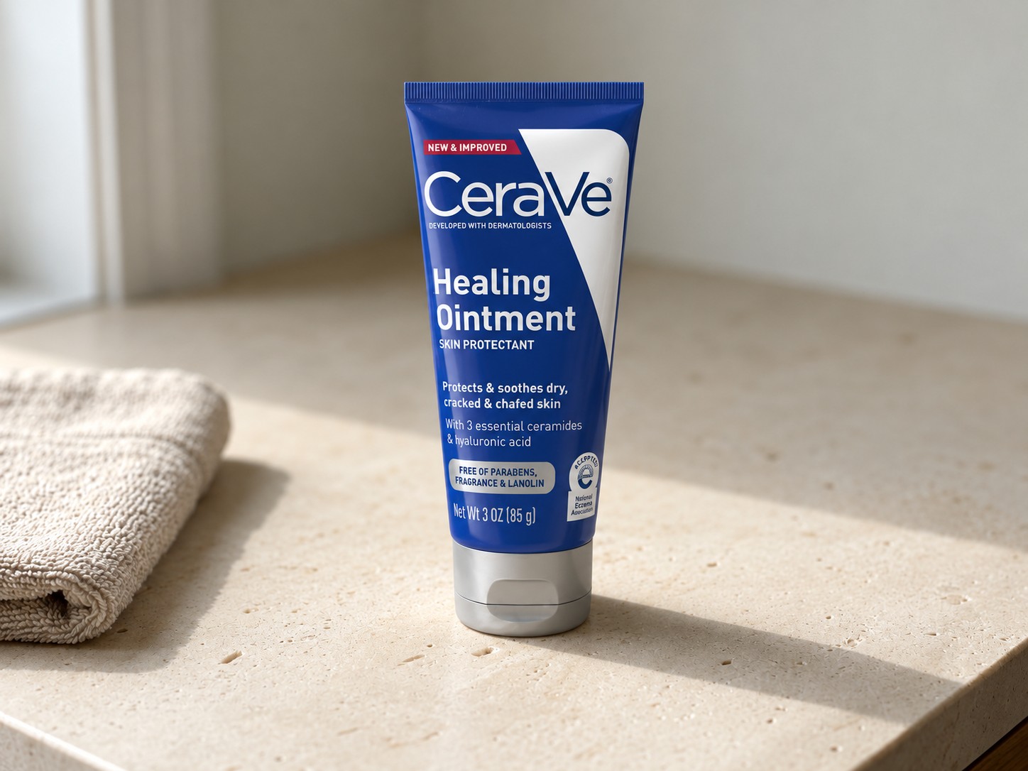 CeraVe Healing Ointment on a warm stone vanity