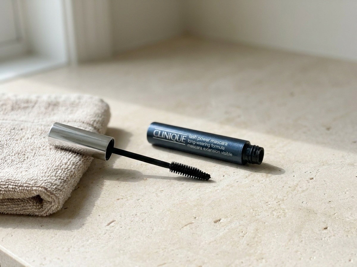 Clinique Lash Power Tubing Mascara Long-Wearing Formula on a warm stone vanity