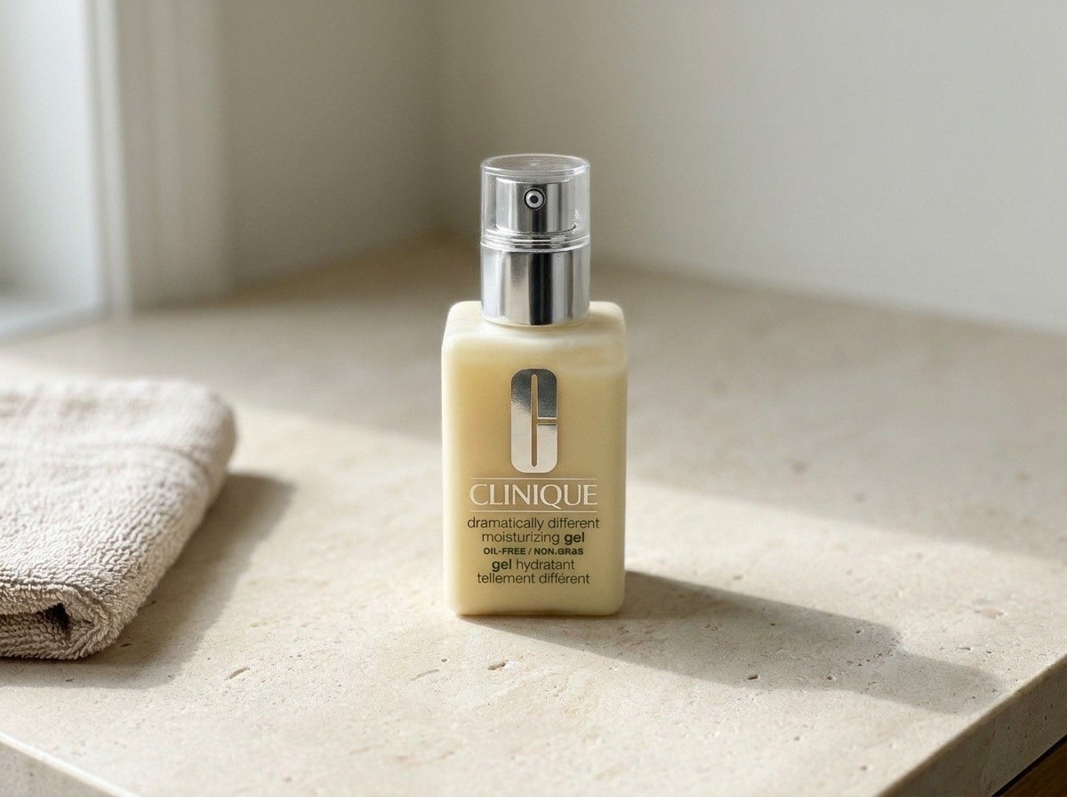 Clinique Dramatically Different Moisturizing Gel on a warm stone vanity
