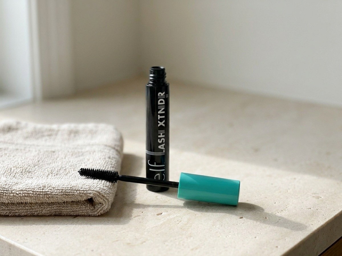 e.l.f. Lash XTNDR Mascara on a warm stone vanity
