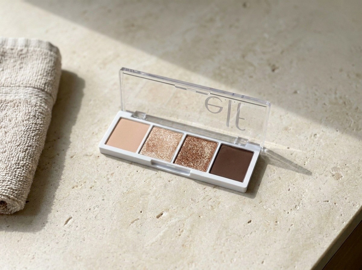 e.l.f. Bite-Size Eyeshadow in Cream & Sugar on a warm stone vanity