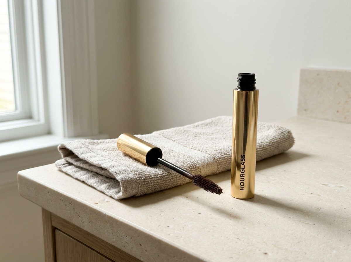 Hourglass Unlocked Instant Extensions Mascara on a warm stone vanity