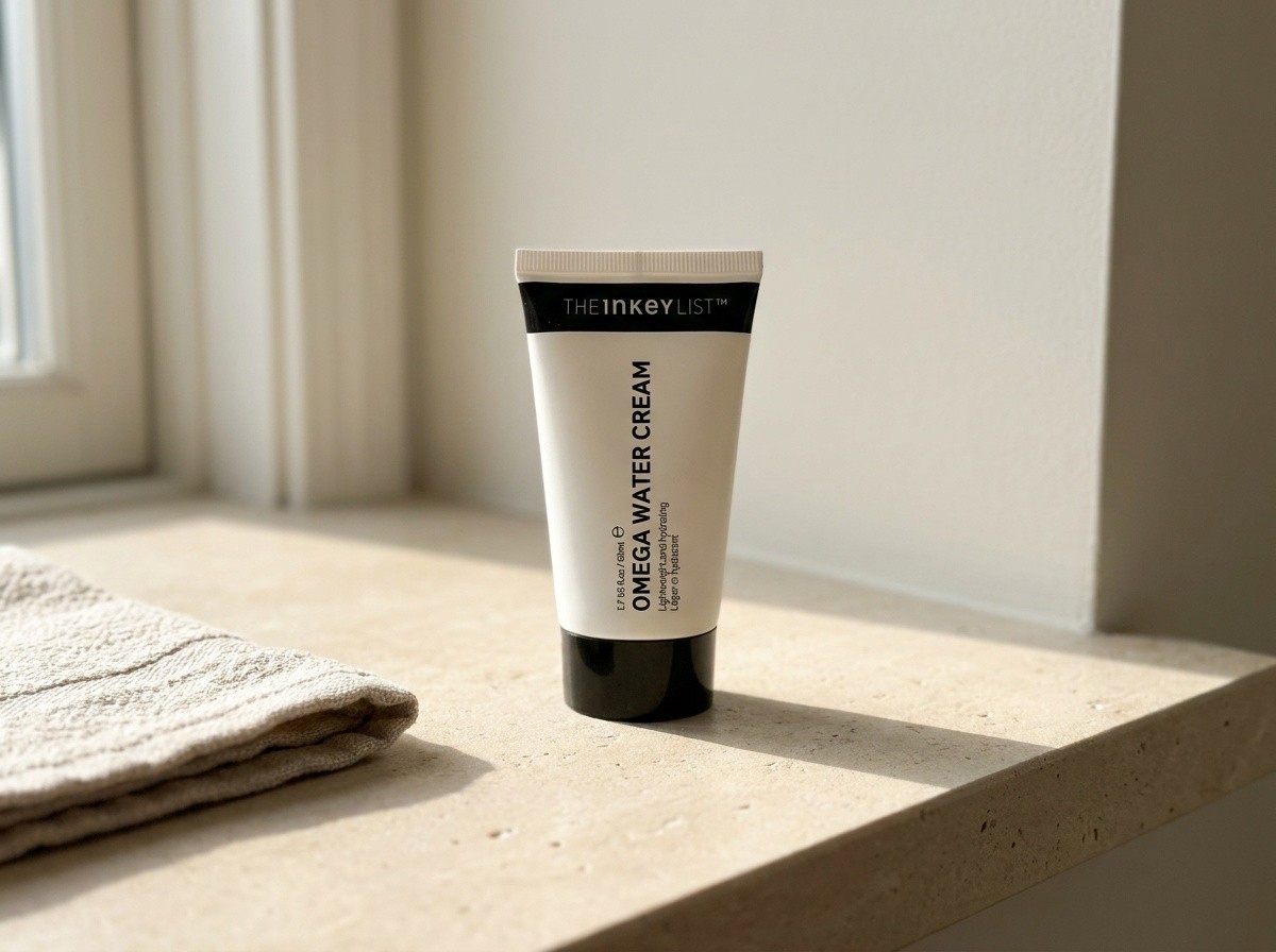 The INKEY List Omega Water Cream on a warm stone vanity