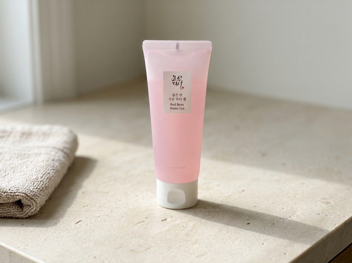 Beauty of Joseon Red Bean Water Gel on a warm stone vanity