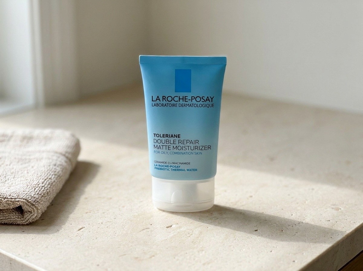 La Roche-Posay Toleriane Double Repair Matte on a warm stone vanity