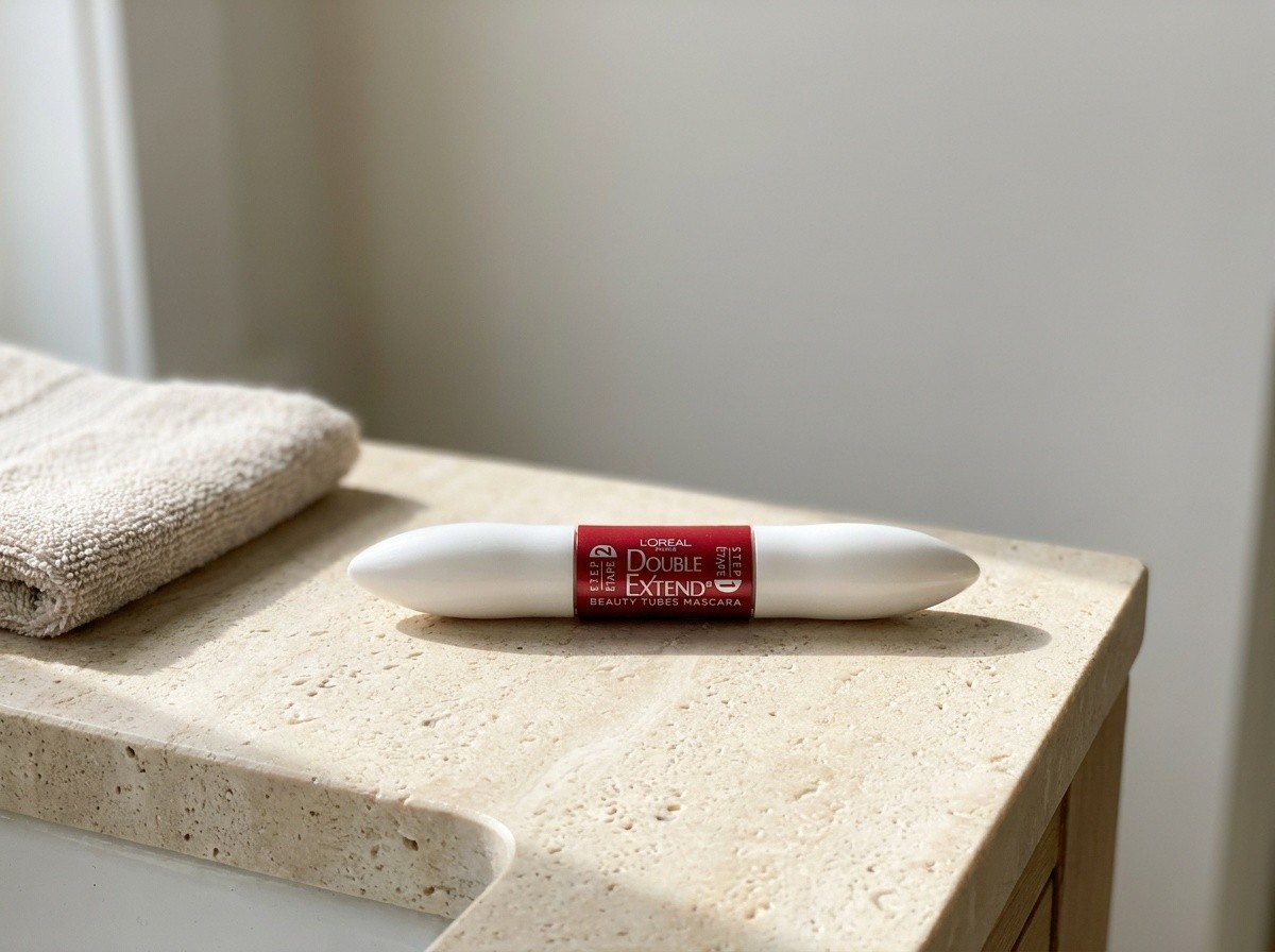 L’Oréal Paris Double Extend Beauty Tubes on a warm stone vanity