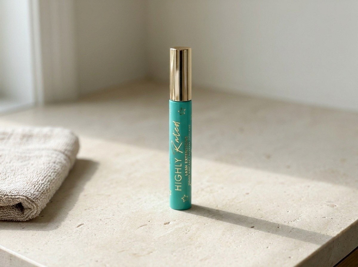 Milani Highly Rated Lash Extensions Lengthening Tubing Mascara on a warm stone vanity