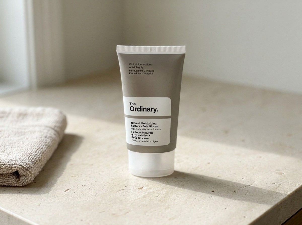 The Ordinary Natural Moisturizing Factors + Beta Glucan on a warm stone vanity