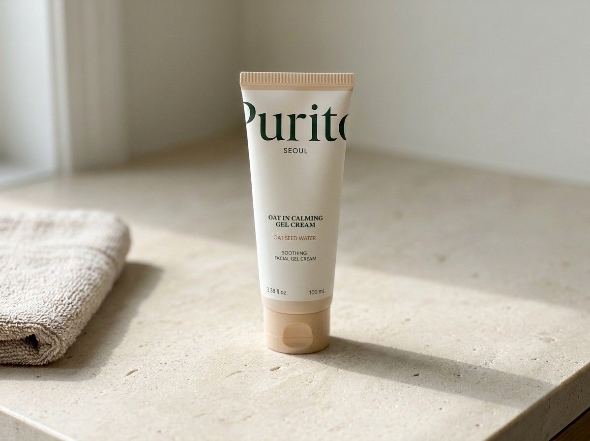 Purito Seoul Oat In Calming Gel Cream on a warm stone vanity