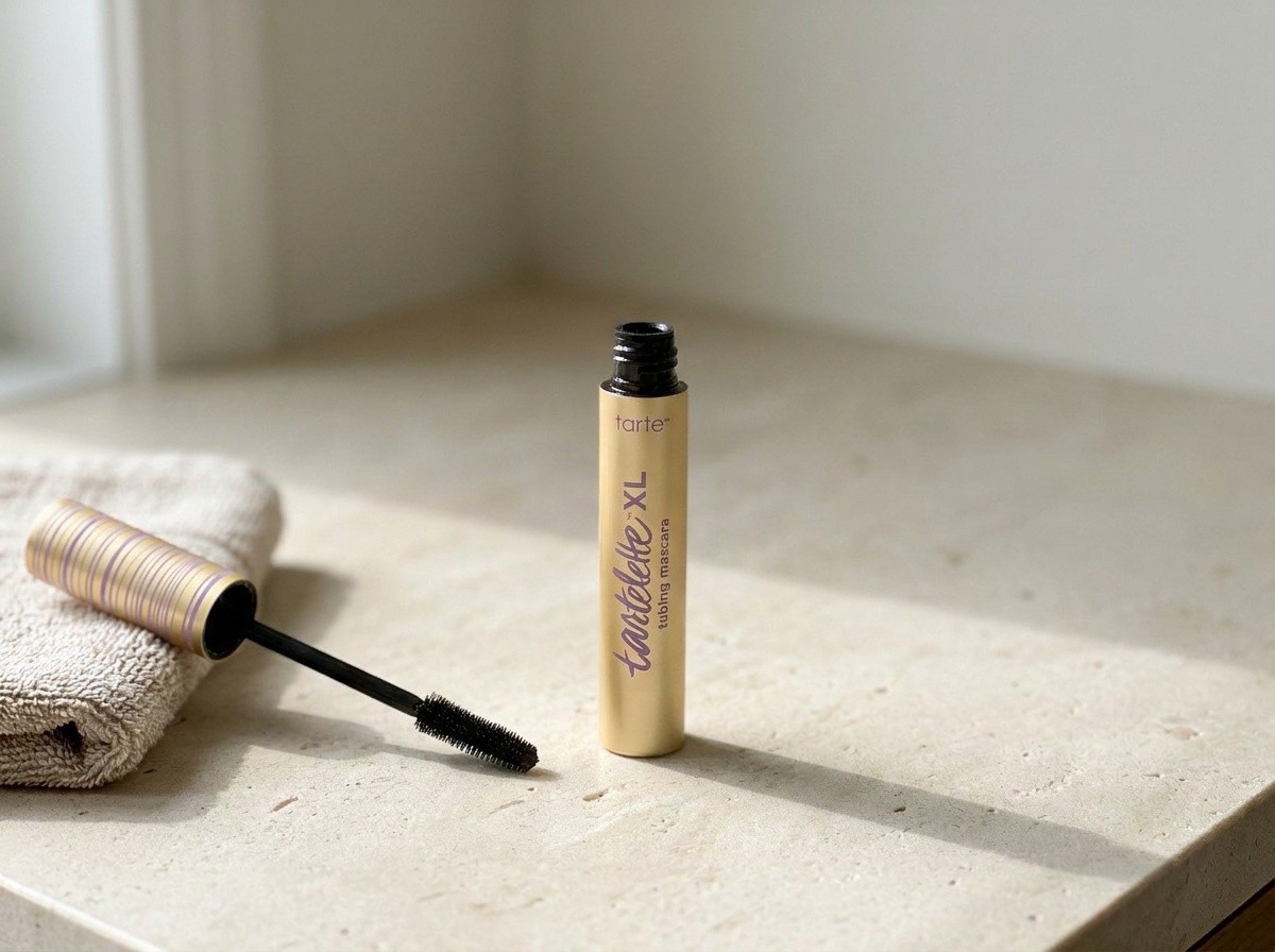 Tarte Tartelette XL Tubing Mascara on a warm stone vanity