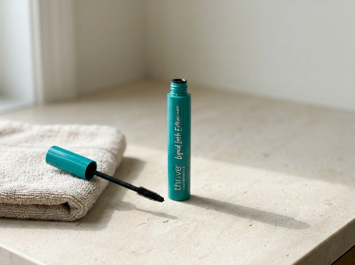 Thrive Causemetics Liquid Lash Extensions Tubing Mascara on a warm stone vanity