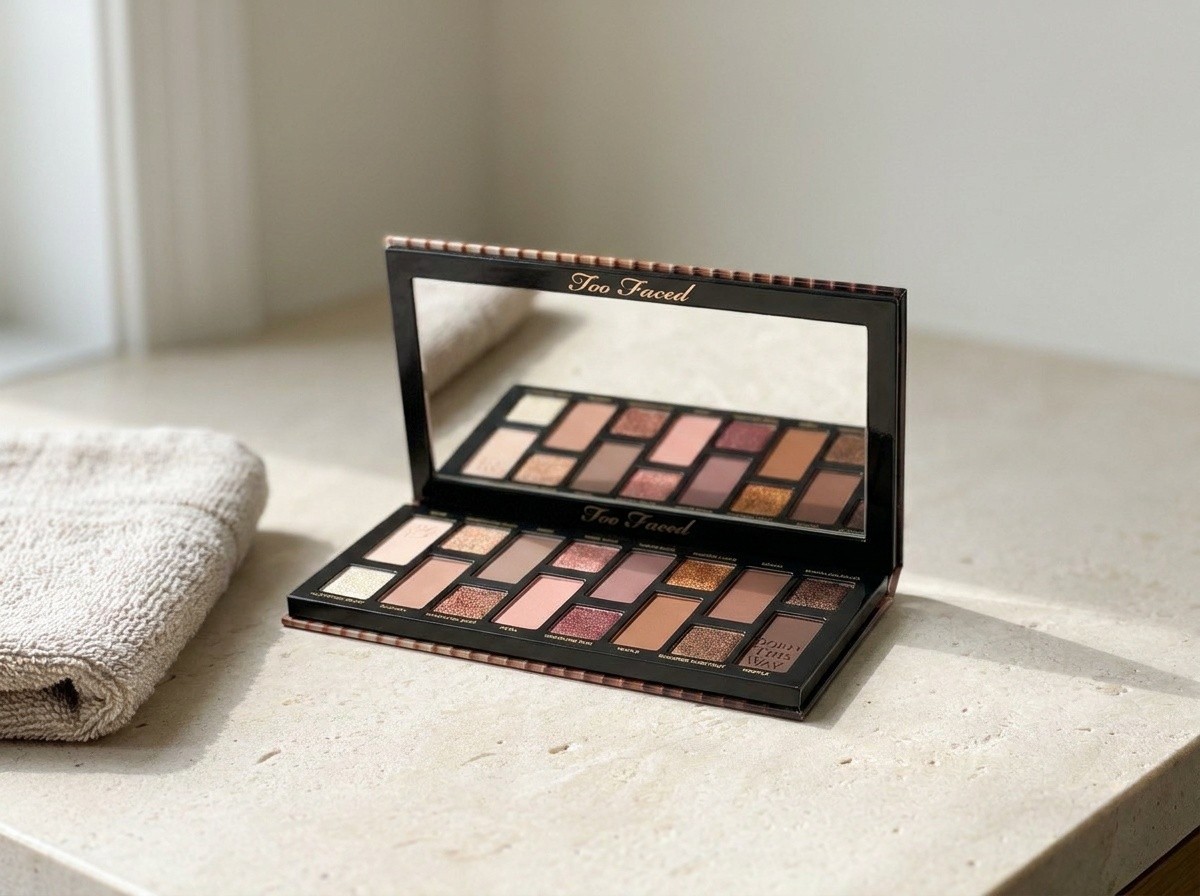 Too Faced Born This Way The Natural Nudes on a warm stone vanity