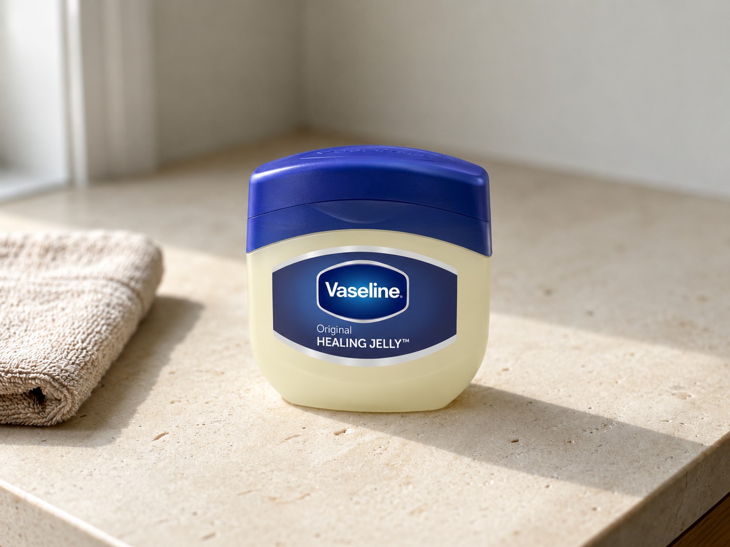 Vaseline Original Healing Jelly on a warm stone vanity