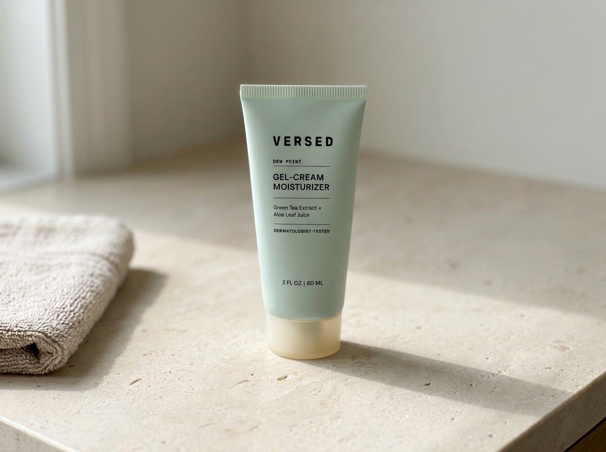 Versed Dew Point Gel-Cream Moisturizer on a warm stone vanity
